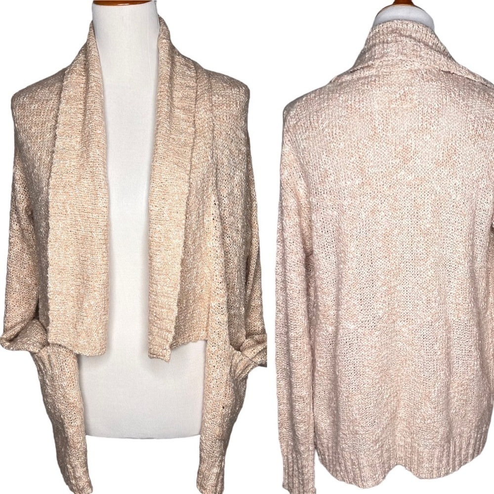 Kensie Pieces Beige Open Front Wool Blend Waterfall Drape Cardigan Pockets Med